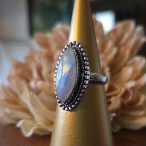 Beautiful Blue Flash Moonstone 925 Sterling Silver Overlay Ring Size 8 NEW